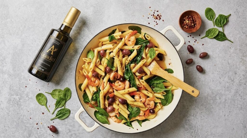 Pasta con gambas, espinacas y aceitunas negras con aceite de oliva virgen extra.