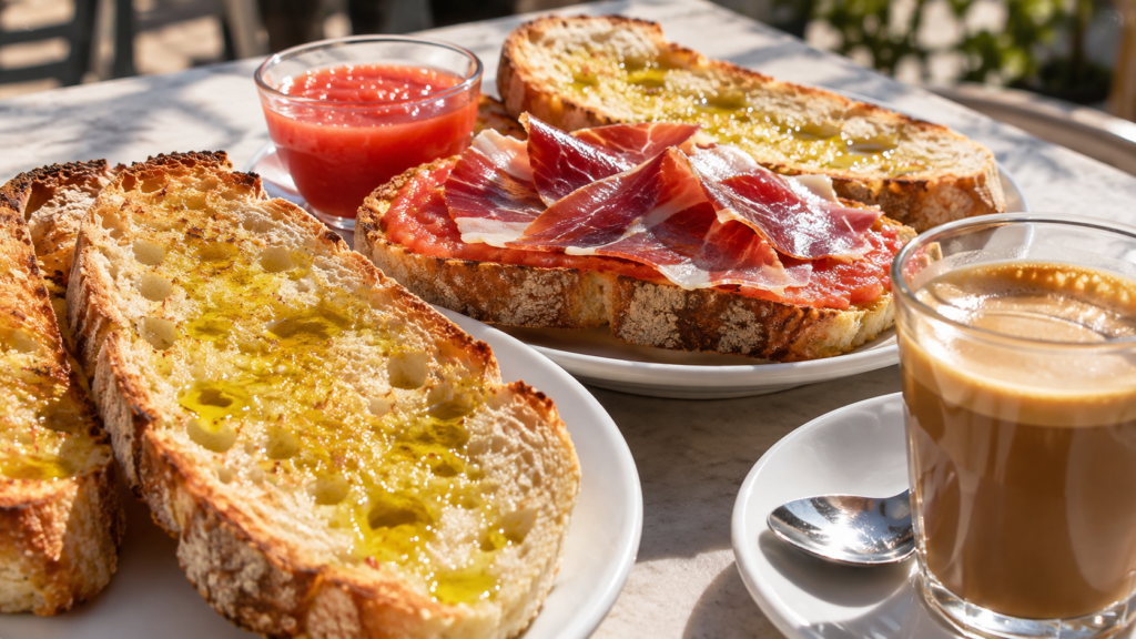 Pan tostado con aceite de oliva virgen extra, tomate y jamón en un desayuno mediterráneo
